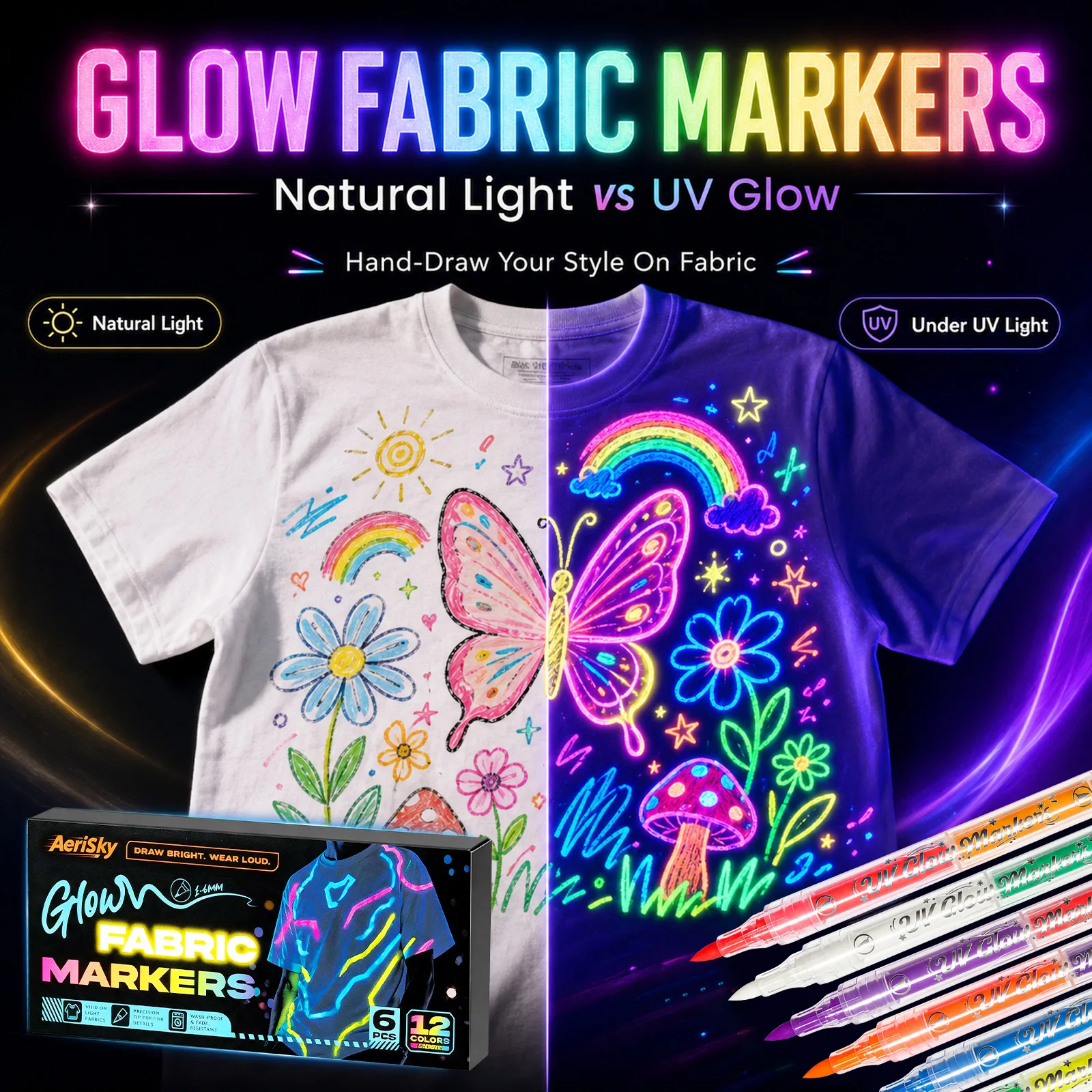 6pcs Dual Tip 12 Colors UV Glow Fabric Markers Fluorescent Textile Pens Clothing Painting DIY T Shirt Decoration Art Supplies