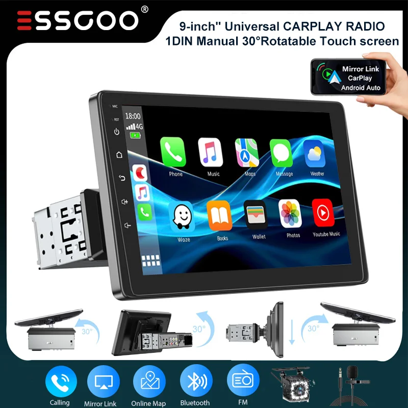 Universal Autoradio ESSGOO 9" 1 DIN Manuell Drehbar 30° Touchscreen Wireless Apple CarPlay Android Auto FM Bluetooth USB AUX TF Mirror Link Lenkradsteuerung