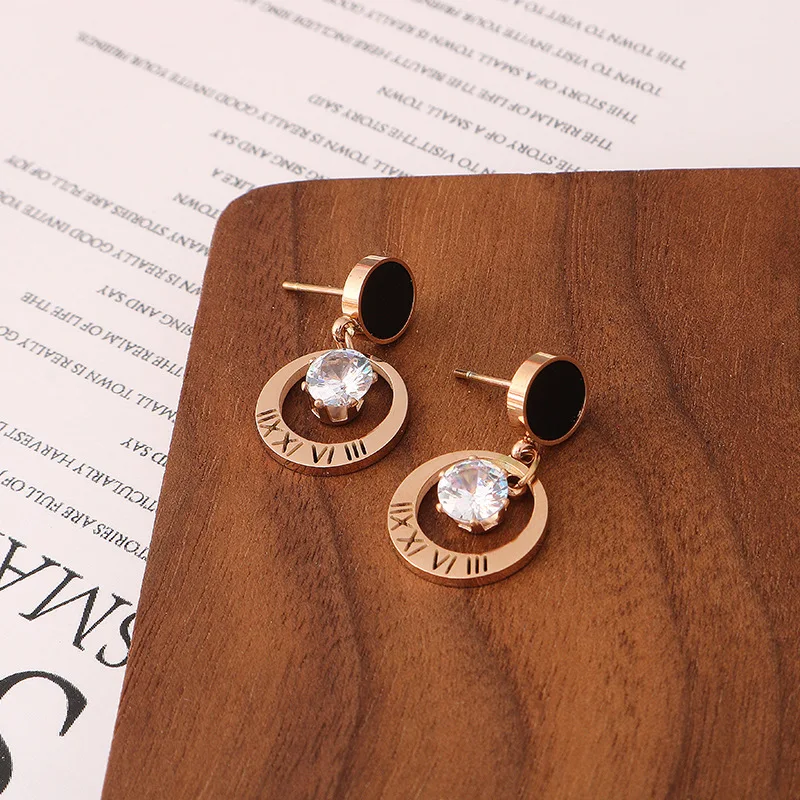 OIMG 316L Stainless Steel Rose Gold Color Metal Roman Numerals Circle Stud Earrings For Women Girls Korean Pendant Earrings