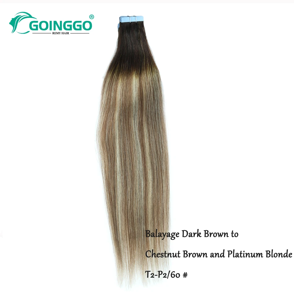 T2P6/60 Tape In Human Hair Extensions Straight Balayage Dark Brown To Chestnut Brown Platinum Blonde Ombre Tape In Extensions