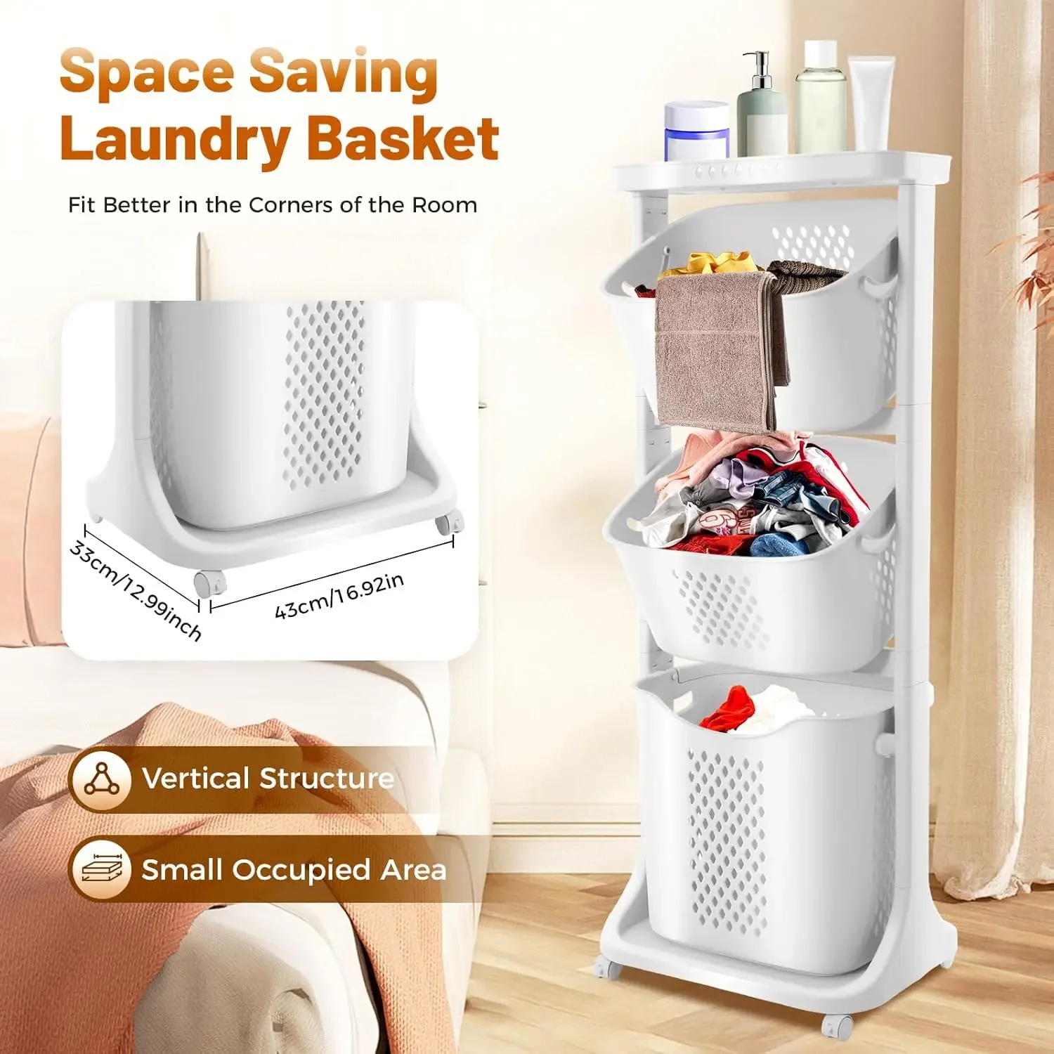 

3-Tier Rolling Laundry Hamper Storage Cart with Wheels White for Kitchen Bathroom Bedroom Classroom