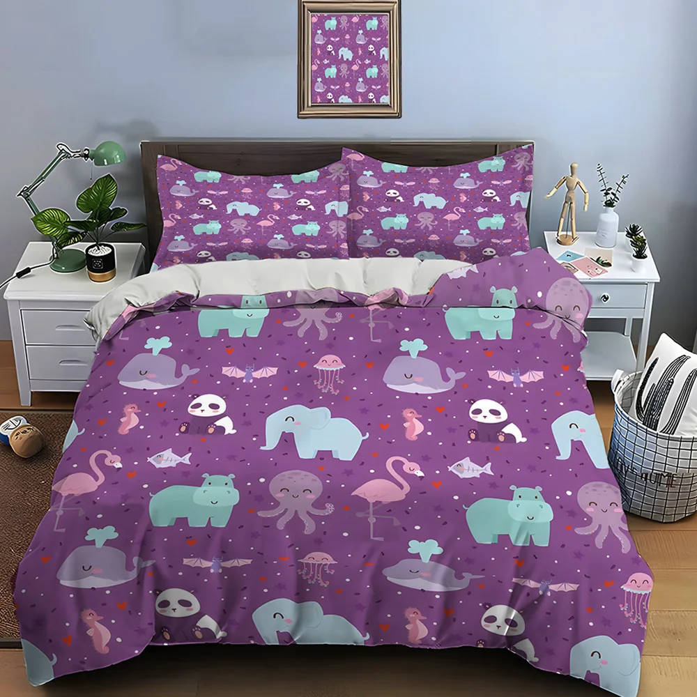 Cute animals cartoon purple background Bedding Set for Kids Luxury Gift 3pcs Digital Print Comforter Set Soft Comfortable