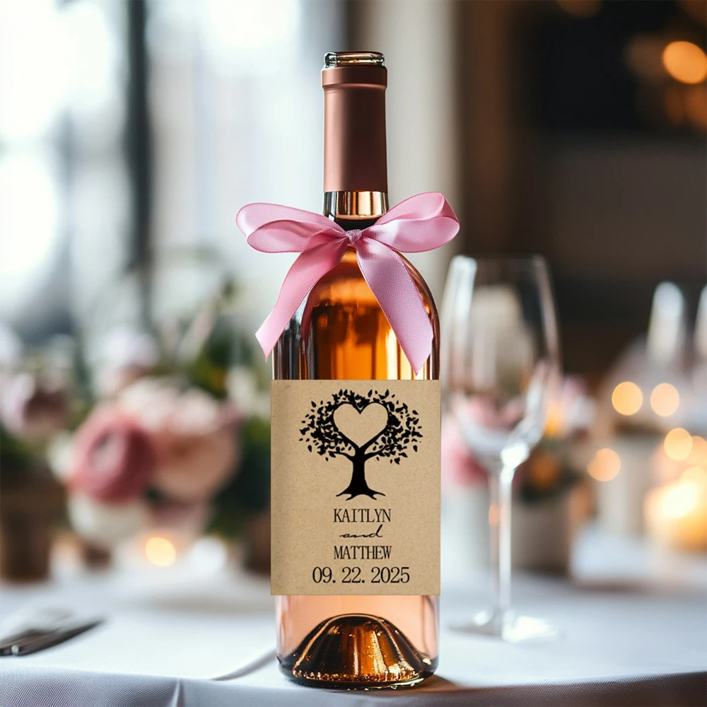 Customized groom and bride names and wedding anniversary Party wine bottle stickers, vintage kraft paper stickers for party wine