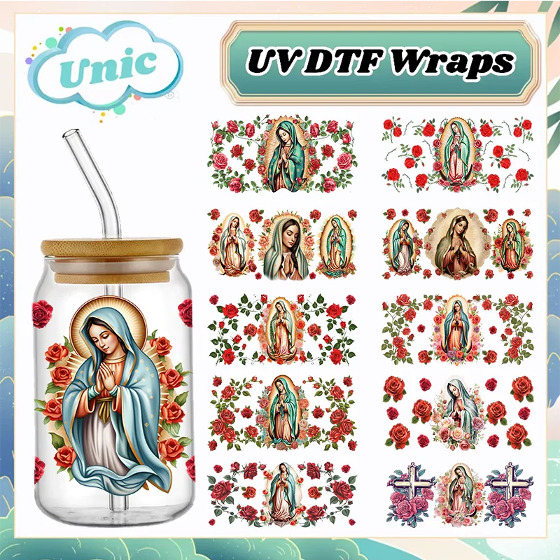Religious Christian Flower Bless UV DTF Transfer Sticker Cup Wrap Waterproof Transfers Decals For 16oz Glass Cup Wrap Stickers