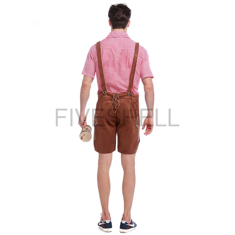 Germany Oktoberfest Man'S Costume Blue Red Shirt Short Sleeve Adjustable Embroidery Suspender Shorts Halloween Cosplay Costumes