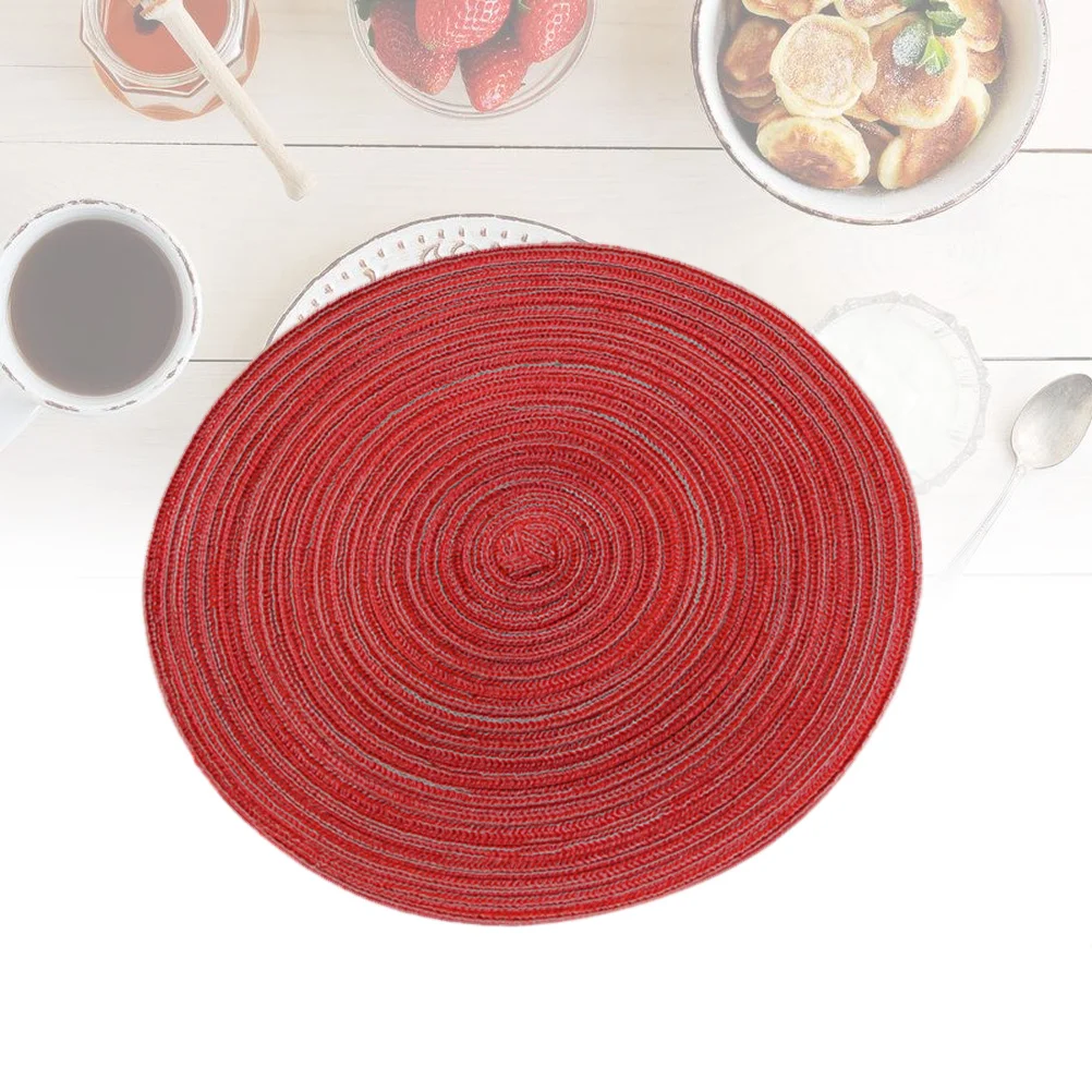 

Red S Round Cotton Linen Table Mat Woven Placemat Heat Insulation Anti-Skid for Dining Kitchen Western Food Pad