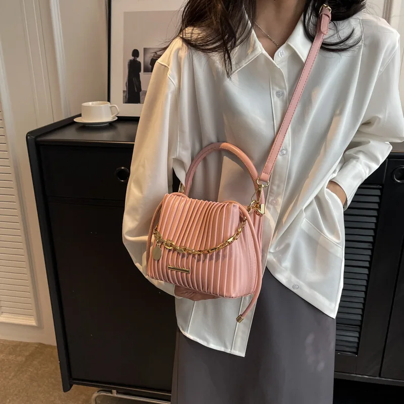 2024 New Trendy Mini Bucket Bags for Women Solid Color Pleated Design Soft Crossbody Bag Female Short Handle Handbags