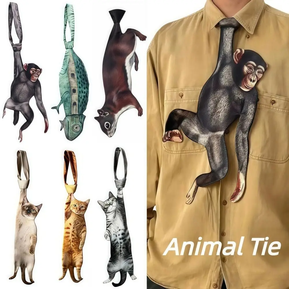 3D Animal Animal-shaped Men's Tie Animal Pattern Novelty Kitten Necktie Lifelike Satin Fabric Creative Neck Tie
