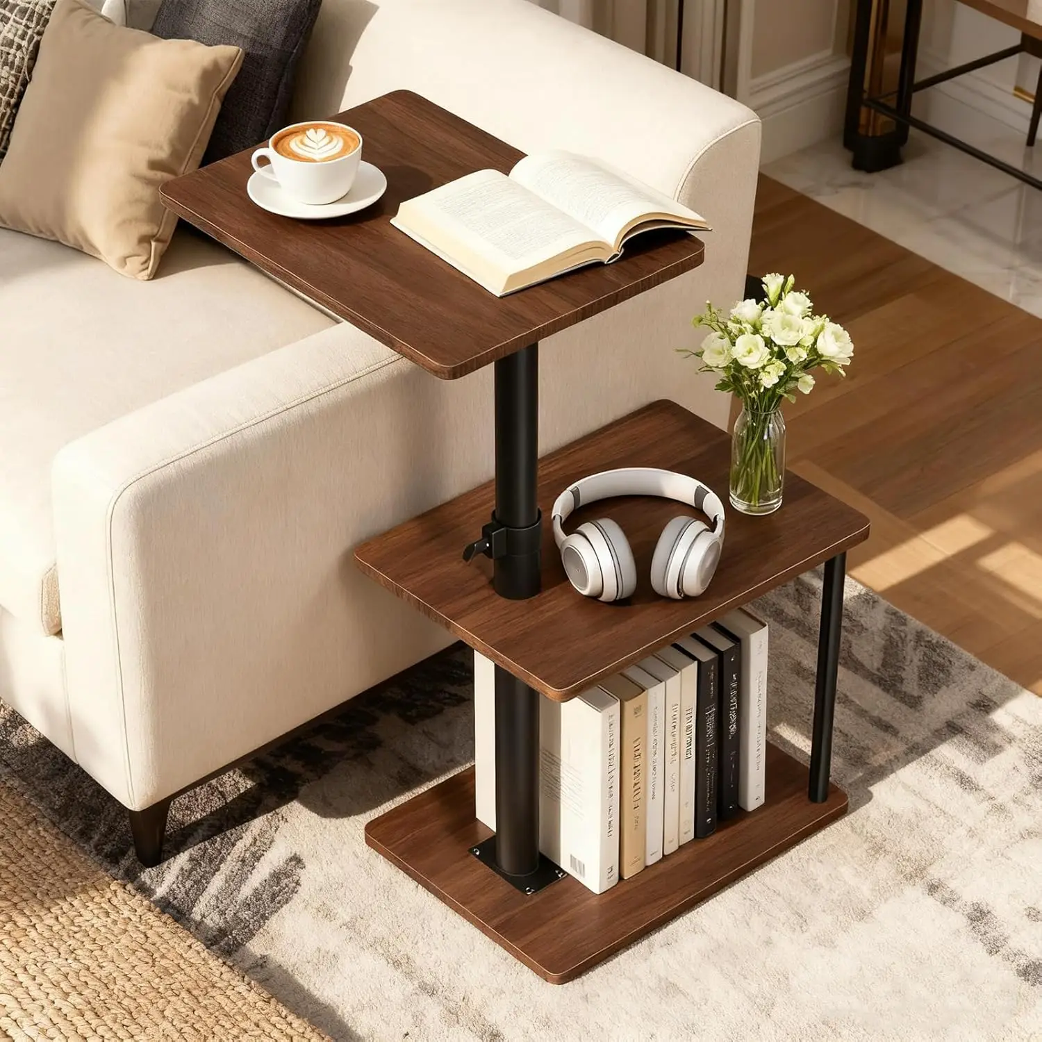 

Swivel Side Table for Couch Arm, Height Adjustable C Shaped End Table for Recliner or Bed, Tv Trays with Storage Shelf for Sm