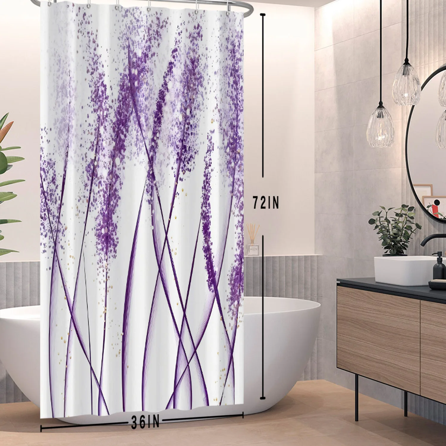 

Фиолетовая занавеска для душа с цветочным принтом глицинии, элегантный абстрактный линейный рисунок, водонепроницаемая занавеска для ванной, декор для ванной комнаты, полиэстер, с крючками