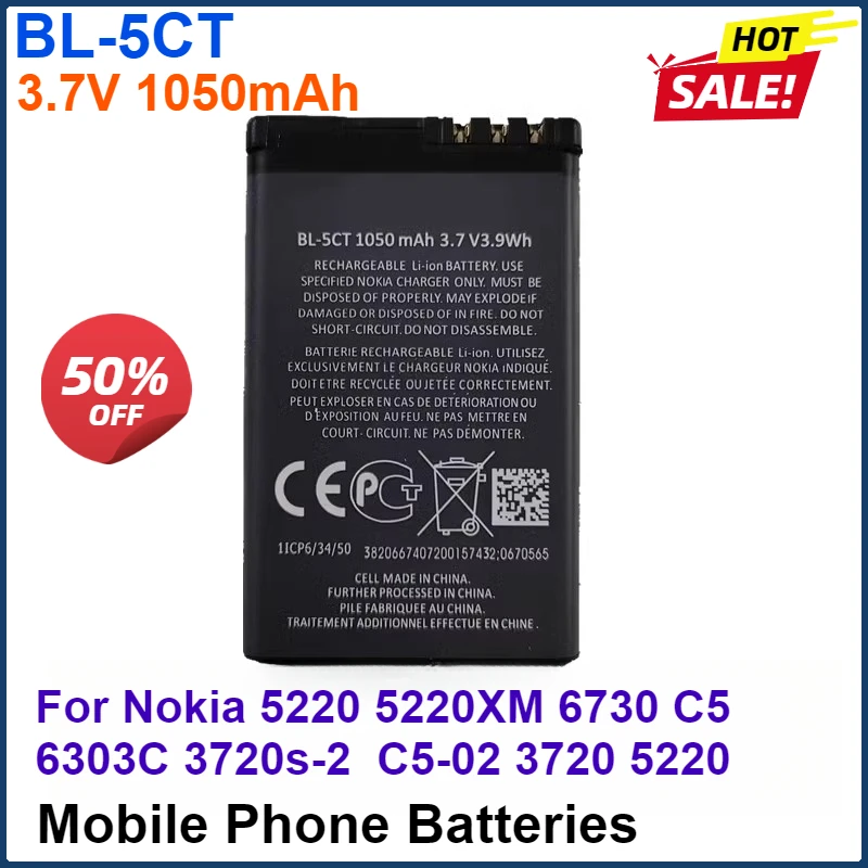 3.7V 1050mAh Mobile Phone Batteries  For Nokia 5220 5220XM 6730 C5 6330 6303i C5-00 C6-01 C3-01 6303C 3720s-2  C5-02 3720 5220