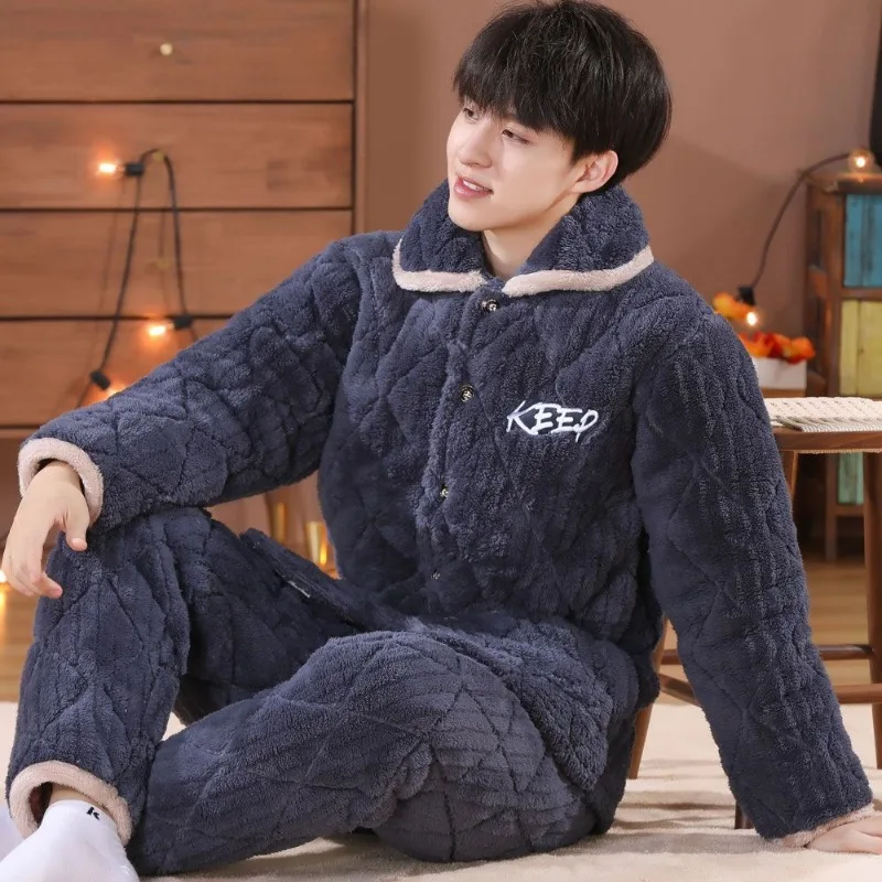 2024 New Men\'s Pajamas Set Winter Triple Thick Sleepwear Coral Fleece Cotton Insulation Warm Flannel Loungewear Suit Pijamas