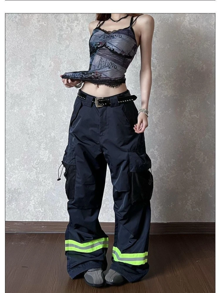 Women's Multi Pocket Reflective Strip Design Pants Casual Summer Bottoms Unisex High Waisted Trousers Female Wide Leg Sweatpants