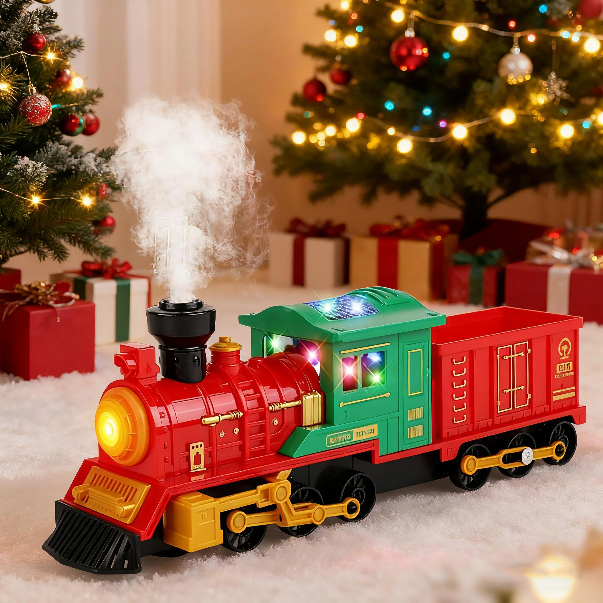 Modelo de trem de vapor de natal, som e luz, carro elétrico retrô, caminhão de construção, brinquedos para crianças, presente de natal