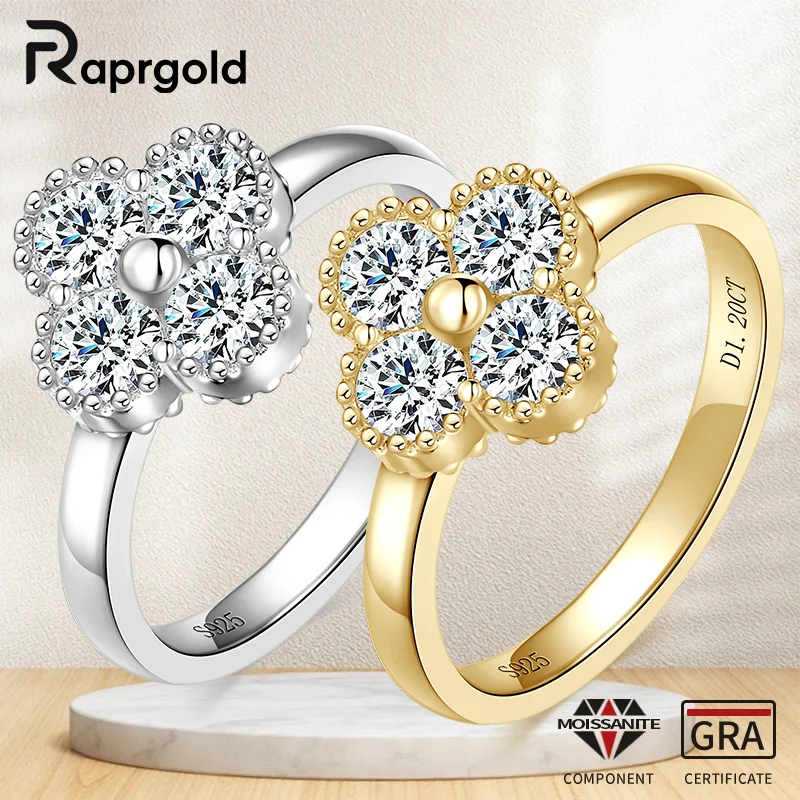

Сертифицированное RAPRGOLD GRA обручальное кольцо с муассанитом круглой огранки Lucky Clover для женщин, стерлинговое серебро 925, свадебные ювелирные изделия, подарок