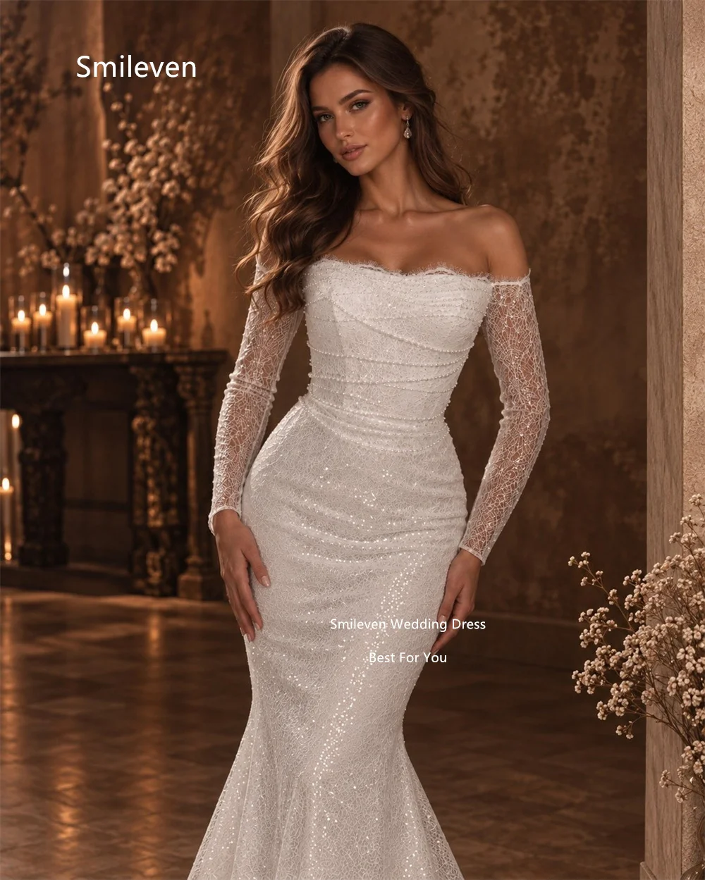 Smileven Ivory Lace Wedding Dresses Mermaid Fitted Off The Shoulder Long Sleeve Bridal Dress Sequin Embroidery Gowns Customized