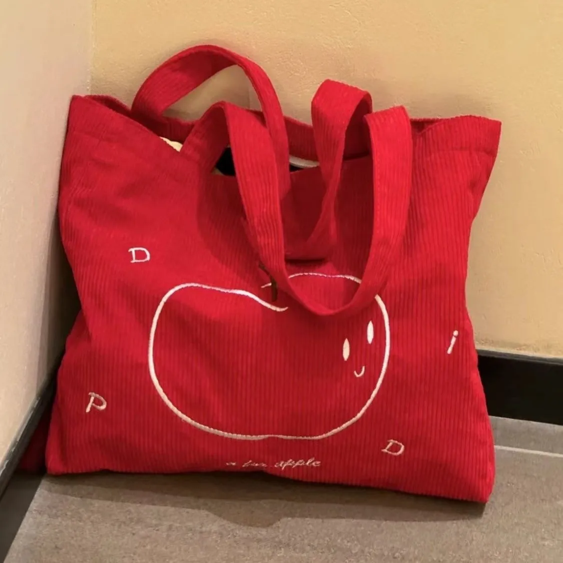 Women Red Corduroy Tote Bag Cute Apple Embroidery Large Capacity Shoulder Handbag Casual School Shopping Bag