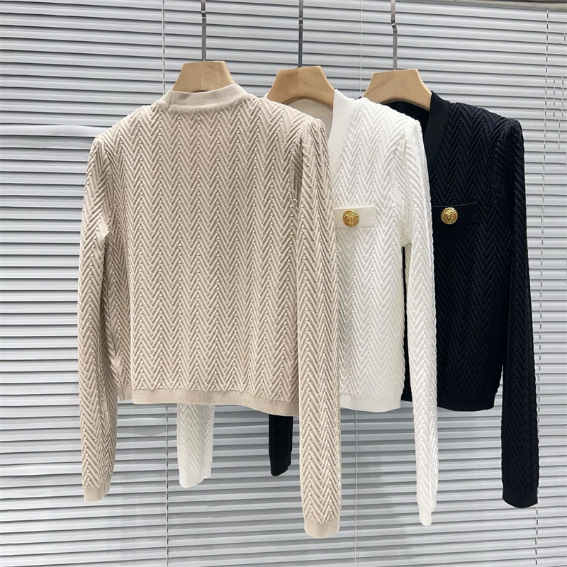 Autumn New V-Neck Ribbed Single Button Long SleeveKnitted Open CardiganHigh-Quality Fashion Casual MetalButton Decorated Jacket