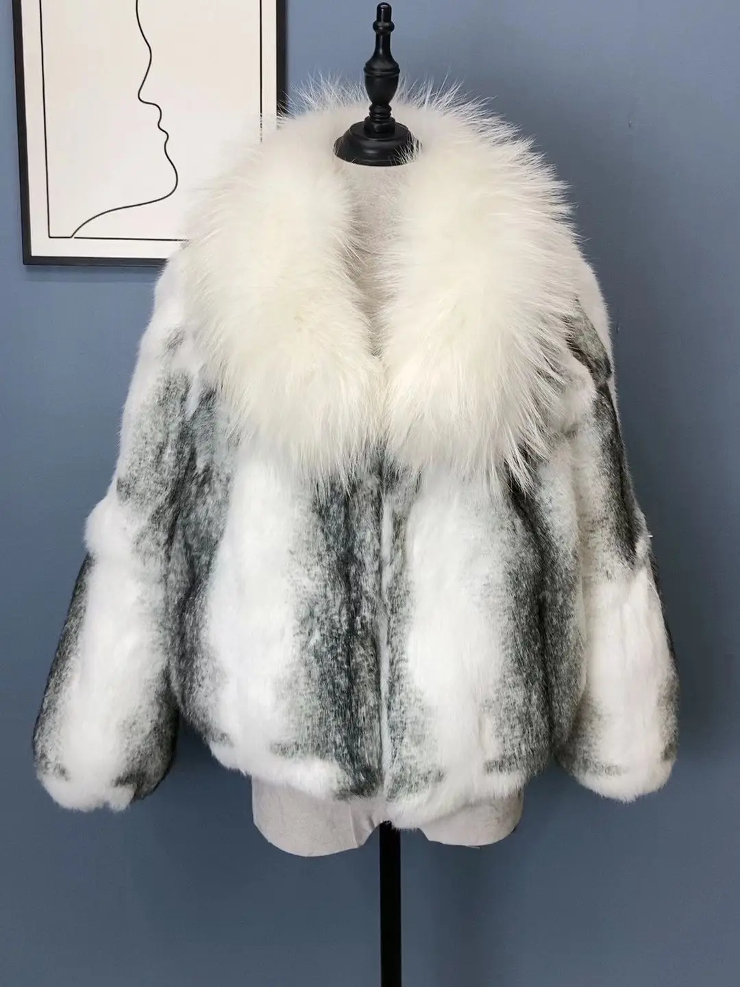 

FURYOUME 2024 New Winter Women Real Rabbit Fur Coat Natural Rabbit Fur Jacket with Fluffy Fox Fur Collar Fashion Streetwear