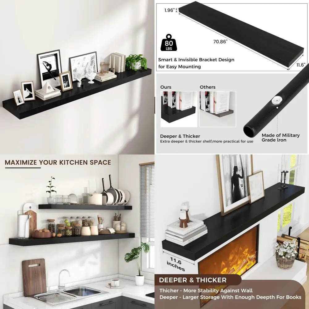 

Extended Wall-Mounted Shelves, 72 Wide x 11.6 Deep x 2 High, Set of One Engineered Wood Shelf with Concealed Brackets