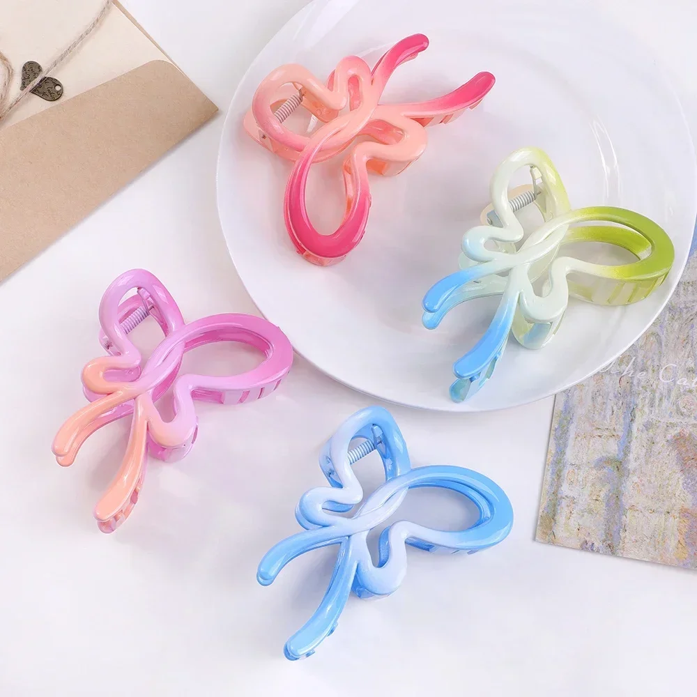 Gradient Fashion Bow Hair Claw Clip Solid Color Hollow Streamer Bow Plastic Hair Claw Clip Hairpin Accessories for Women Girls