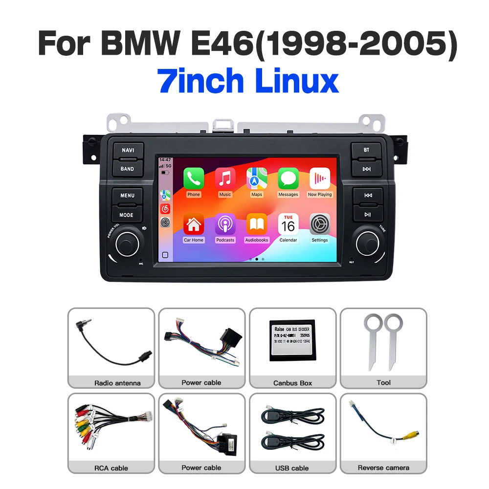 Linux Systeem Draadloze CarPlay Auto voor BMW 3-serie E46 M3 FM DSP Bluetooth Muziek Video Multimedia Spelers Camera's