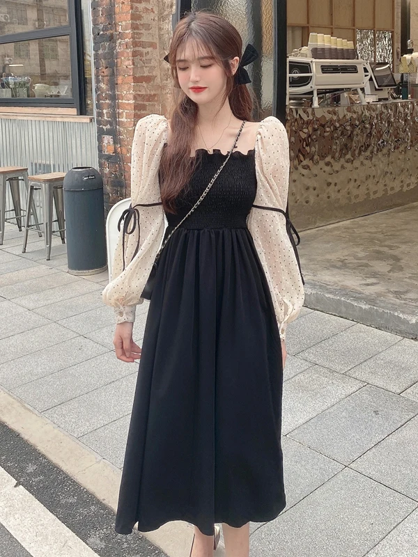 

plus Size Autumn Dress Slimming A-Line Skirt High Waist Long Sleeve Black Dress Korean Style Commute Fashion for Plump Women