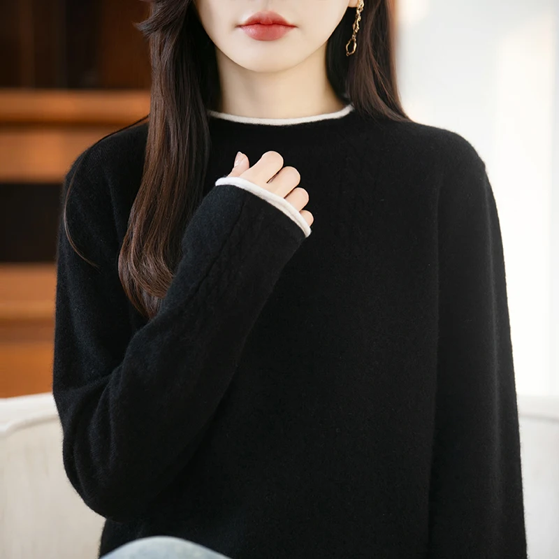 New Women's Knitted 100% Merino Wool O-neck Sweater Comfortable and Versatile Autumn and Winter Women's Full Sleeves pullover