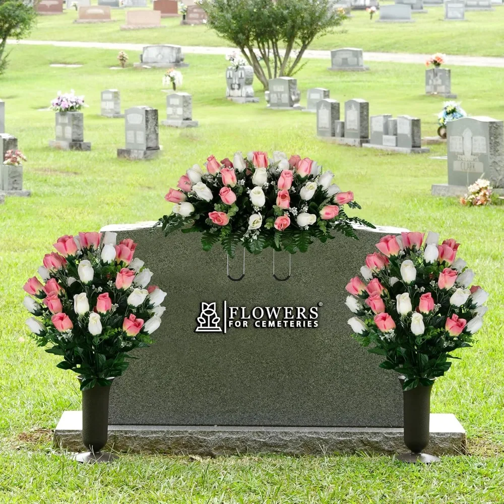 زهور المقبرة الاصطناعية - الورود الكريمية والوردية - سرج زهرة الرأس ومجموعة مطابقة لديكور Gravesite