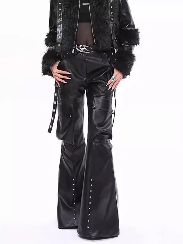 

Mauroicardi Spring Autumn Cool Long Black Pu Leather Flare Cargo Pants for Women High Waist Luxury Designer Punk Style Clothes