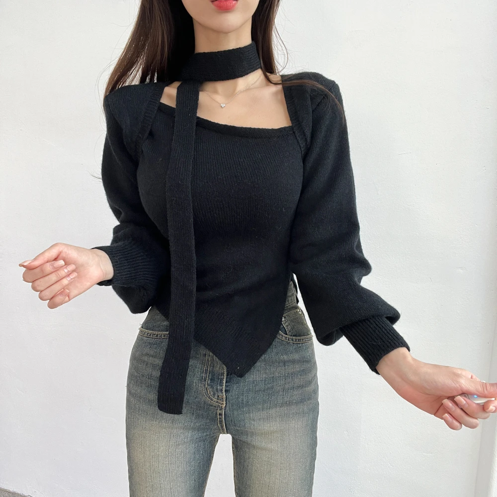 Slimming Effect Knitted Sweater Women's Hanging Neck Sash Hollow out Oblique Collar Slim Fit Korean Style Online Exclusive