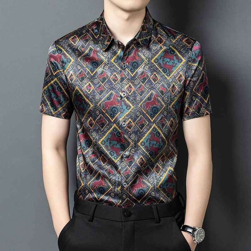 Amazing Smooth Print Shirts For Men Short Sleeve Real Silk 92.5% Summer Quality Skin-Friendly Softness Premium Camisas De Hombre