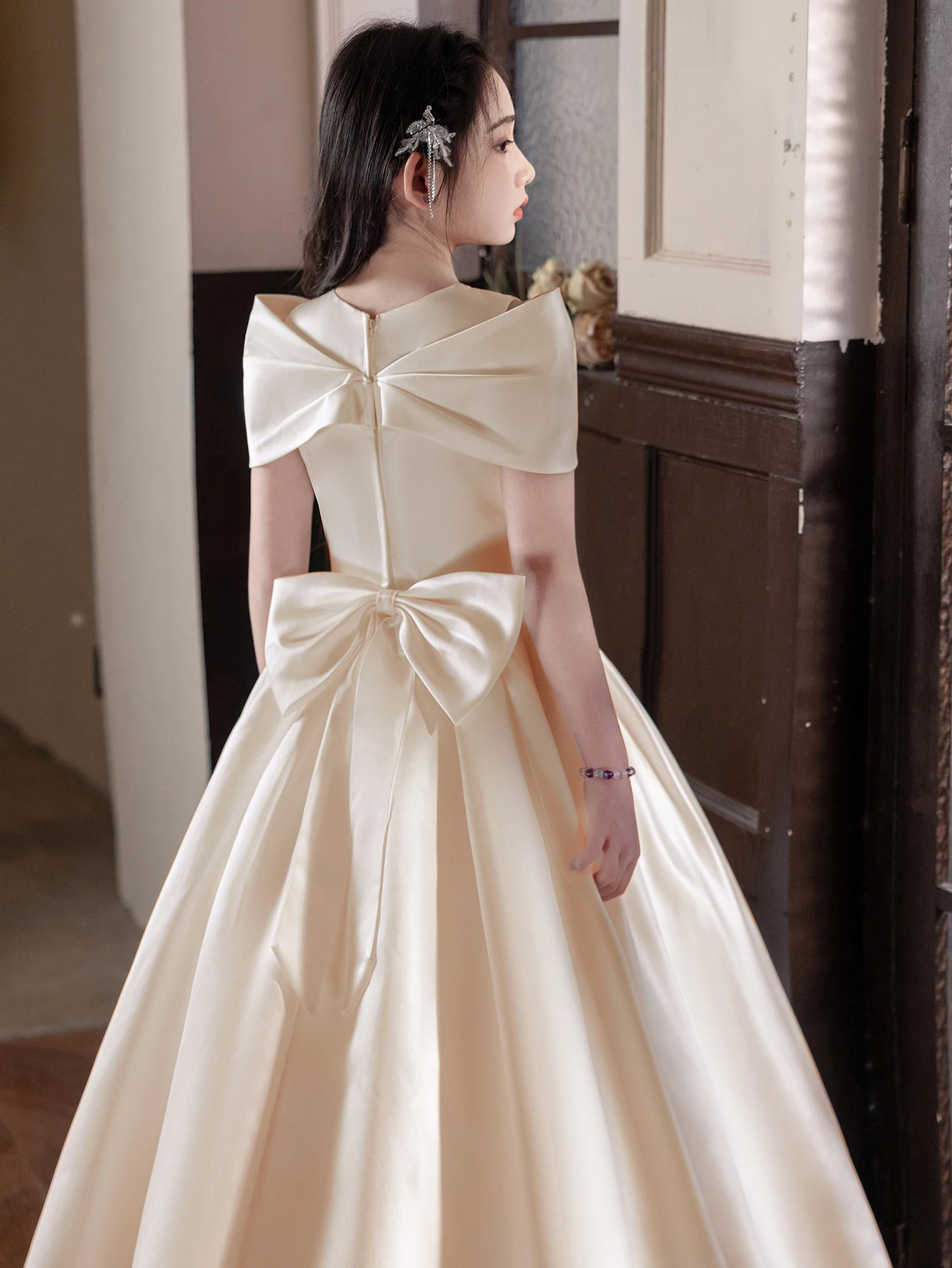 Teen Girl Champagne High-end Long Dress Wedding Gown with Bowknot for Children's Birthday Party,Formal Ball,Bridesmaid,Banquet