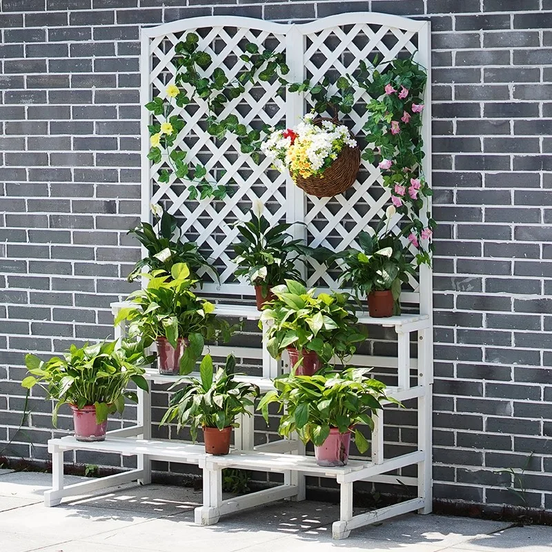 Anti-corrosion wood balcony flower trellis, solid wood shelf, outdoor grid fence, courtyard hanging partition, flower box, climb