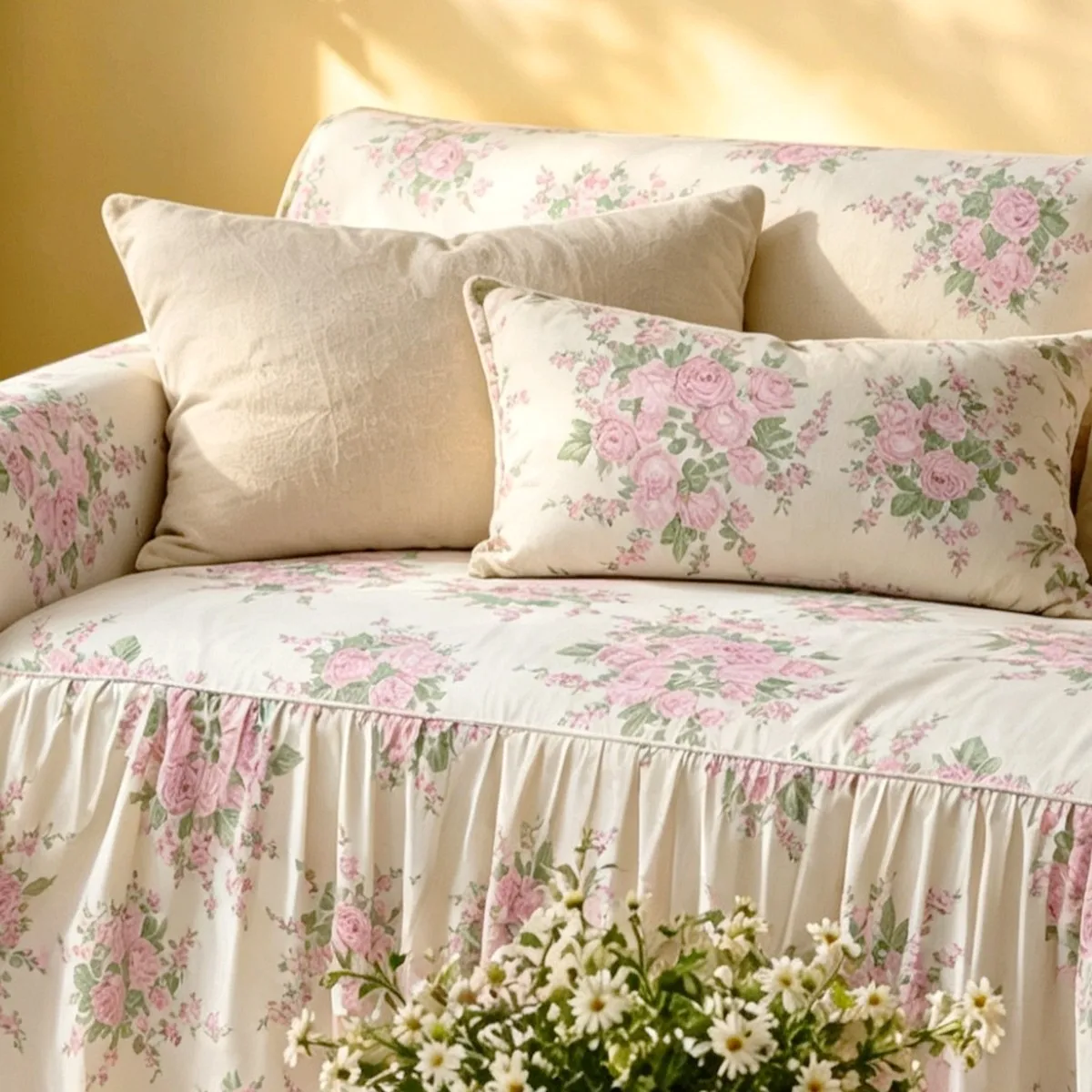 French Korean Heavy Industry Embroidery Princess Pastoral Style Cotton Pure Cotton Sofa Towel Sofa Cover Ruffle Leaf Edge