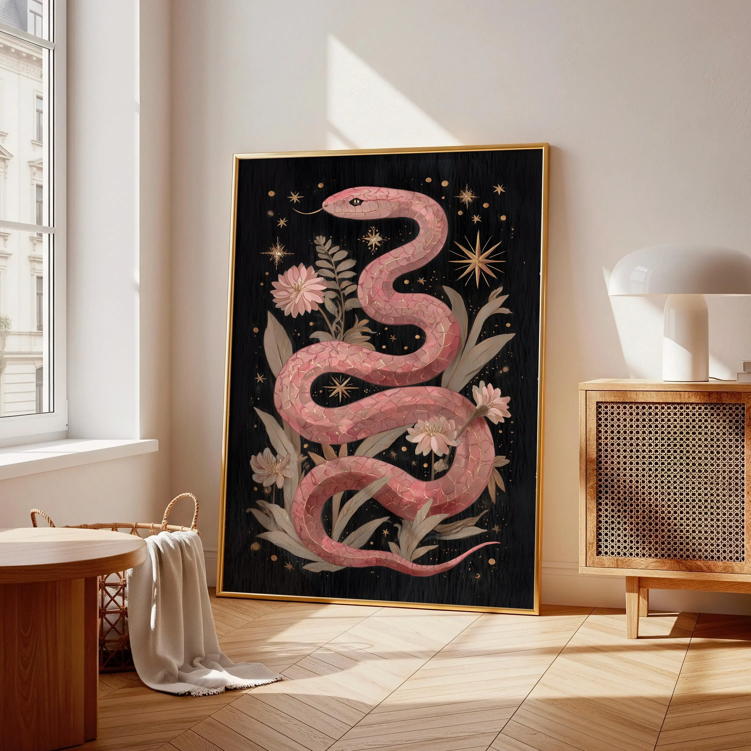 Pink Snake Poster Starburst Floral Canvas Print Celestial Animal Gothic Wall Art Painting Witchy Aesthetic Room Decor No Frame