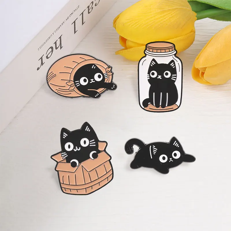 Cute Kitten In Cardboard Box Glass Jar Enamel Pin Cartoon Black Cat In Container Brooch Bag Lapel Bagde Jewelry Gift for Friends