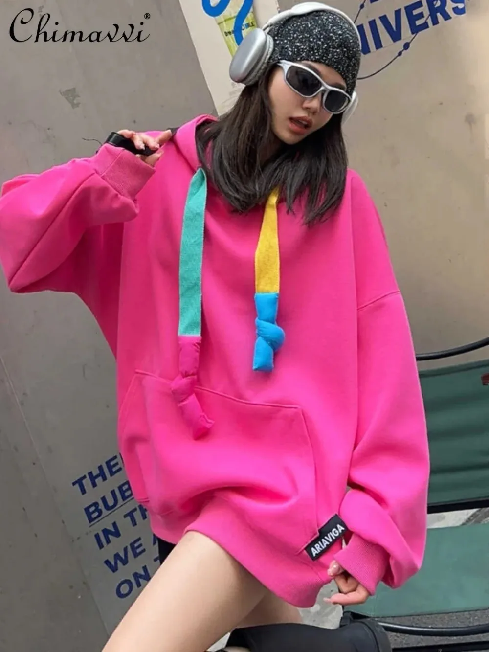 European Style Candy Color Oversize Top Autumn New Fashion Casual Long Sleeve All-Match Mid-Length Loose Hooded Sweatshirts