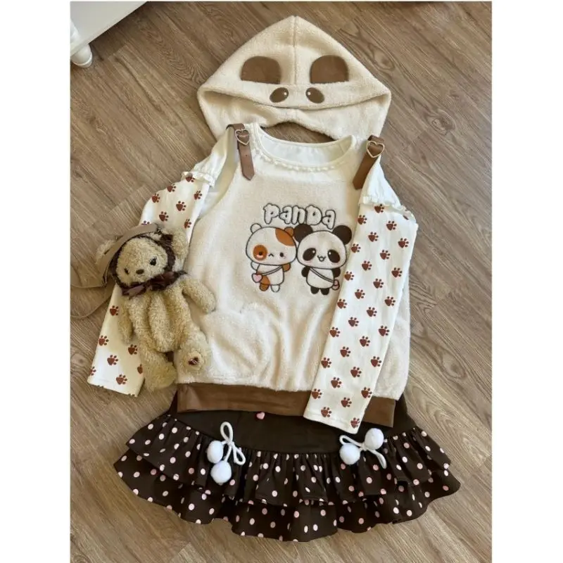 Womens Y2k Suits Cute Letter Printed Long Sleeved T-shirt + Panda Hoodie Vest + High Waist Polka Dot A-line Skirt 3 Pcs Sets