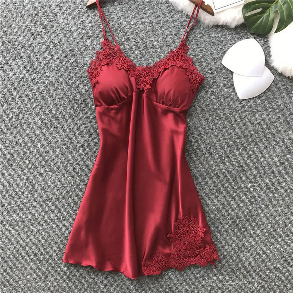 

Women Sexy Lace Nightwear Dress Summer Silk Satin Spaghetti Strap Nightdress Loungewear Casual Slim Ladies Sleepwear Robe