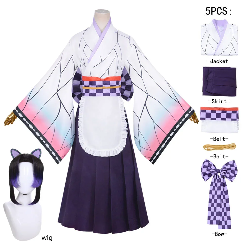 

Anime Demon Slayer Kochou Shinobu Cosplay Costume Kimetu No Yaiba Maid Dress Japanese Kimono Girls Women Role Play Clothes Wig