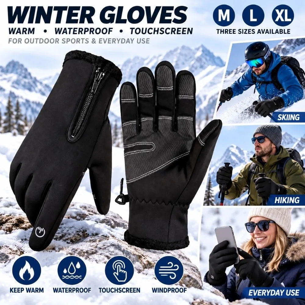 Waterproof Men's Black Winter Gloves with Zipper Touch Screen Thermal Cycling Gloves Elastic Cuff Non Slip Winter Sports Gloves