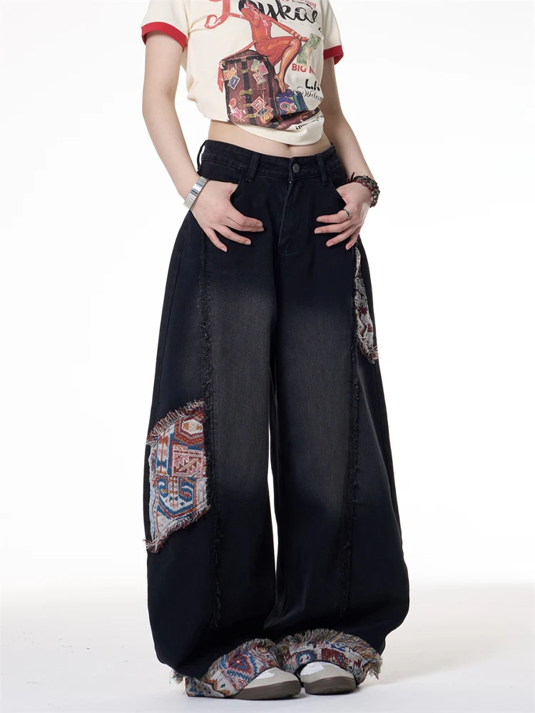 

Американские винтажные лоскутные джинсы с вышивкой, широкие джинсы, женские летние свободные длинные брюки прямого кроя, повседневные брюки с высокой талией