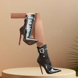 Black Belt Decor Side Zipper Boots Ankle Bootes Pointed Toe Stilettos High Heel Shoes for Women High Heel 2024 Zapatillas Mujer
