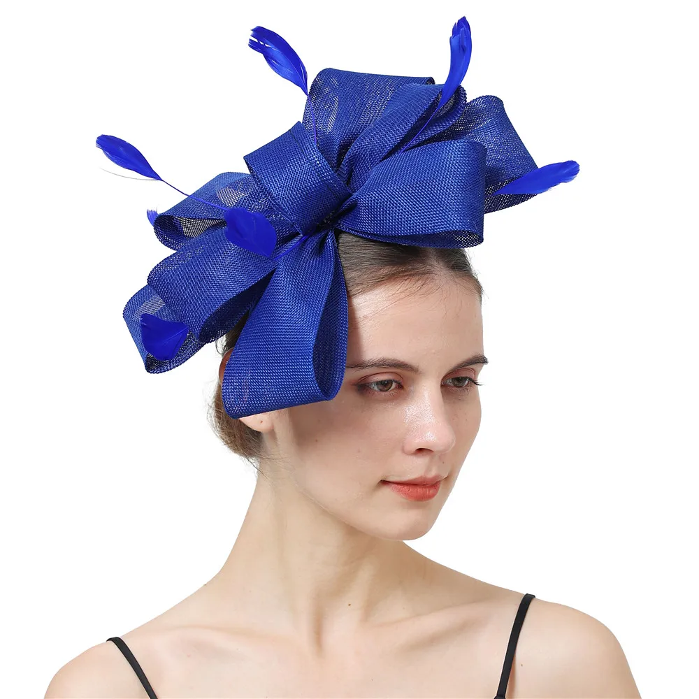 Nachahmung Sinamay Hochzeit Mesh Fascinator Für Damen Kopfbedeckung Party Frauen Braut Haar Zubehör Bogen Haar Clip Phantasie Feder – Detail 5