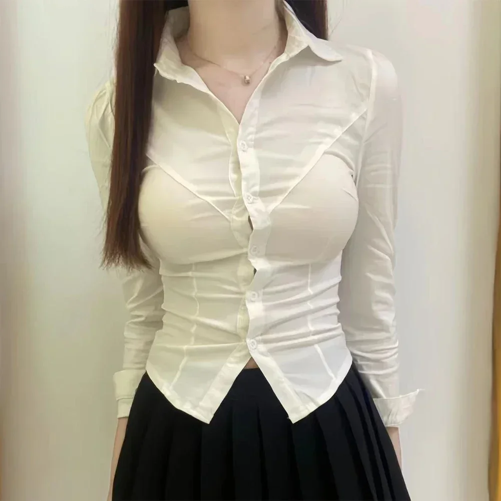 Sexy Slim Fit Shirt White Women Shirts Elegant Single-Breasted Lapel OL Office Blouse Ladies All-Match Long Sleeve Crop Tops