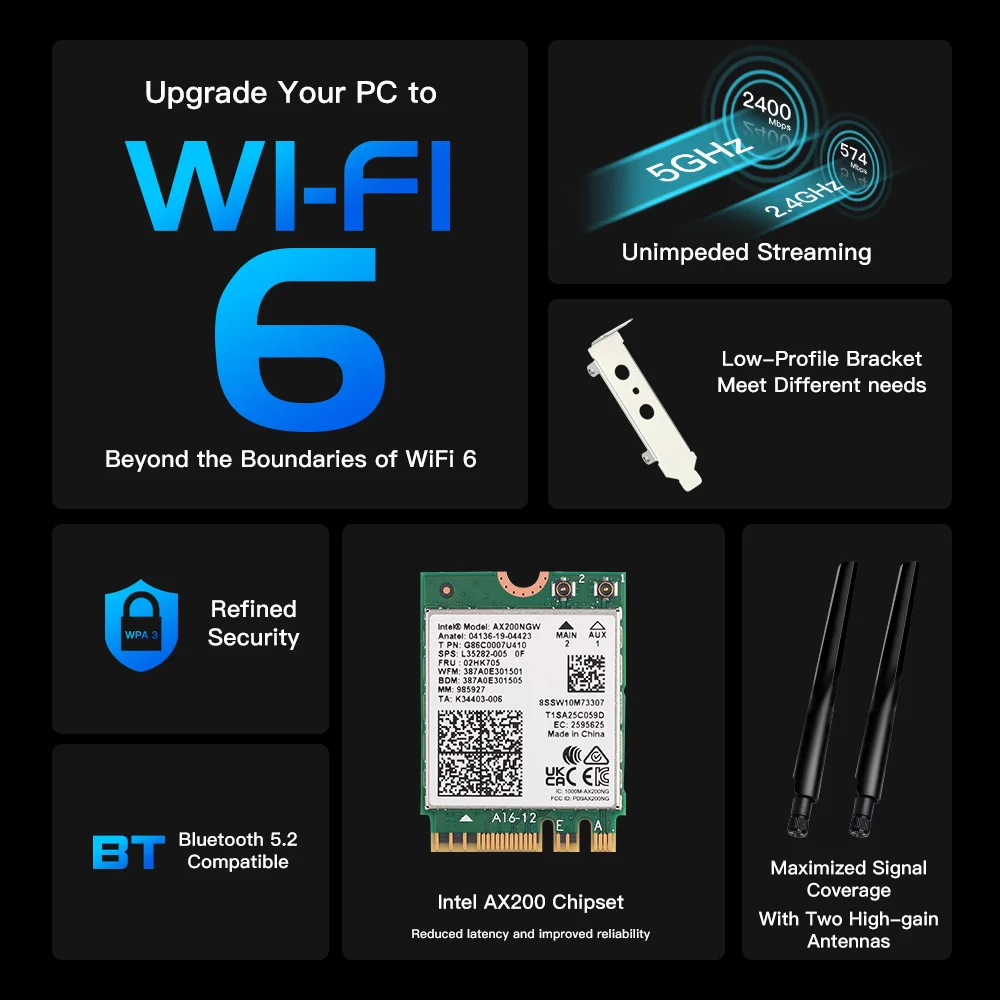 3000Mbps WiFi 6 Intel AX200 Wireless For Bluetooth 5.2 Desktop Kit 802.11AX 2.4G/5Ghz AX200NGW Wi-Fi Card For PC Windows 10/11