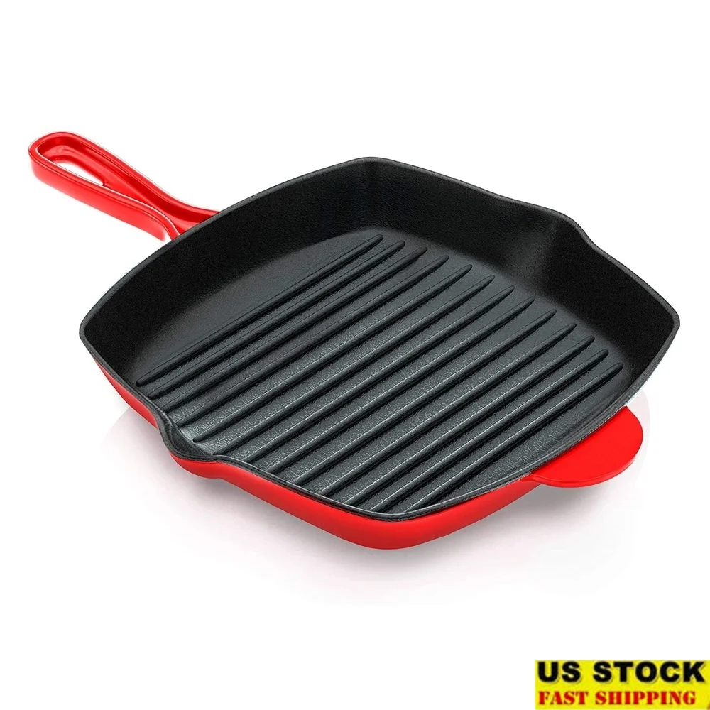 

11" Square Cast Iron Skillet Grill Pan w/ Porcelain Enamel Coating Red
