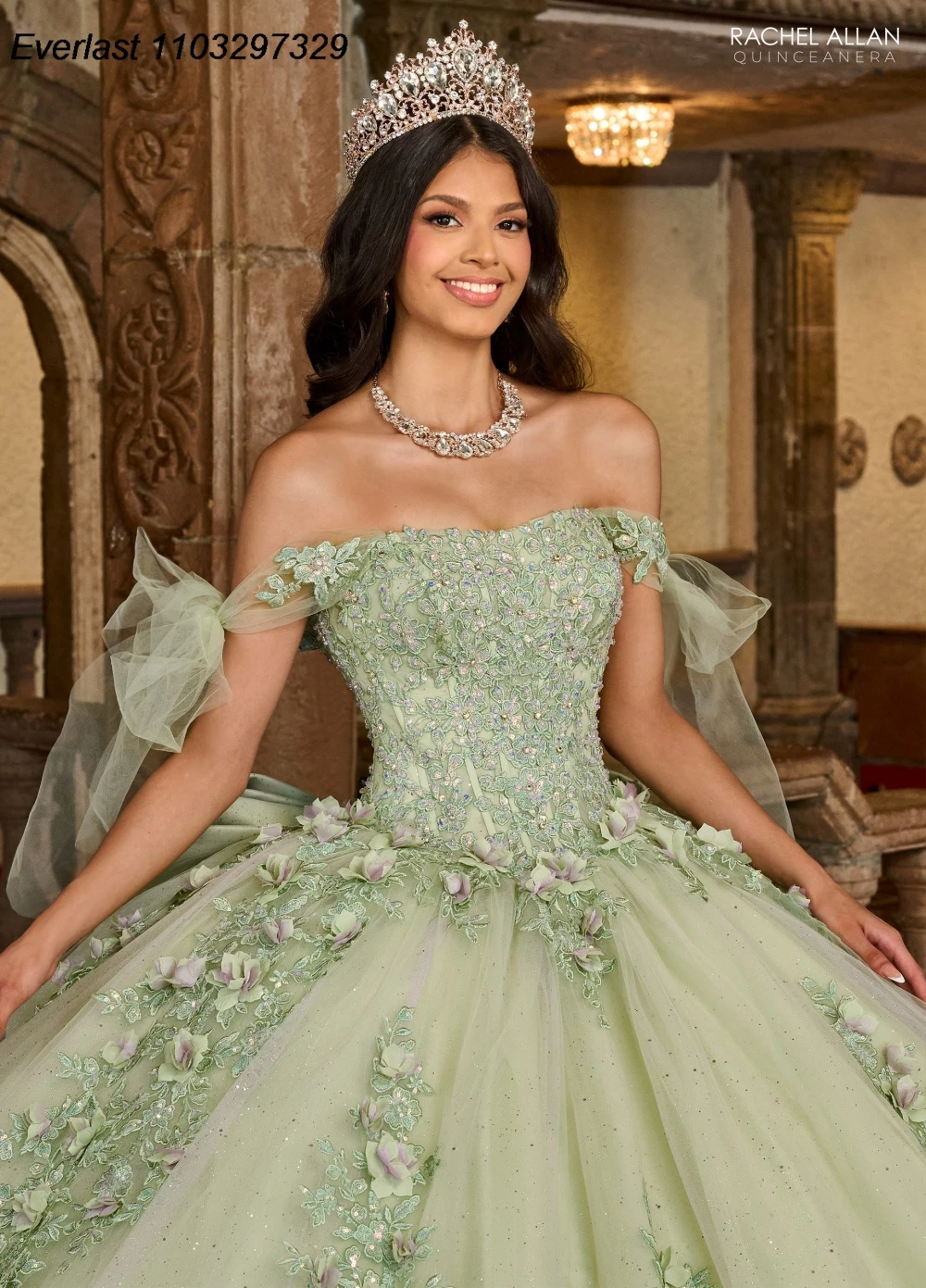 إيفلاست بريق حكيم Quinceanera اللباس ، ثوب الكرة ، زخارف الزهور ، الديكور الكريستال القوس مشد ، الحلو 16 ، 15 عاما ، TQD445