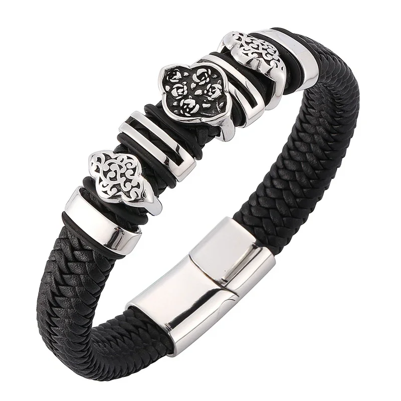 

Punk Style Black Leather Men's Bracelet Stainless Steel Charm Bangles With Magnet Clasp Wristband Rock Jewelry BB0106